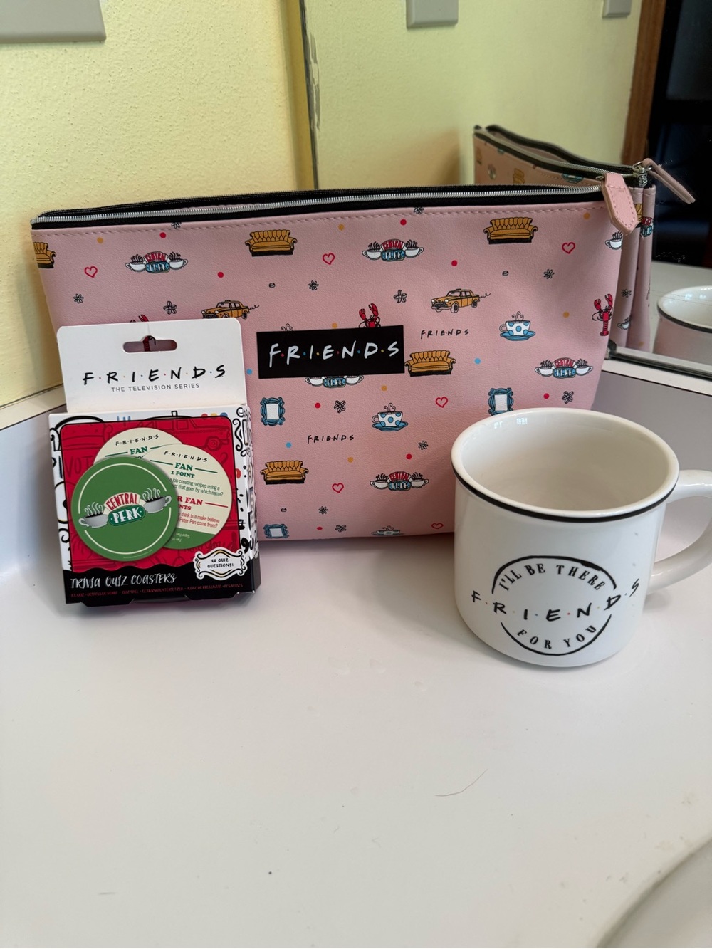 FRIENDS Pink Patterned Icon Cosmetic Pouch with Pottery Barn Mug & fun Coasters